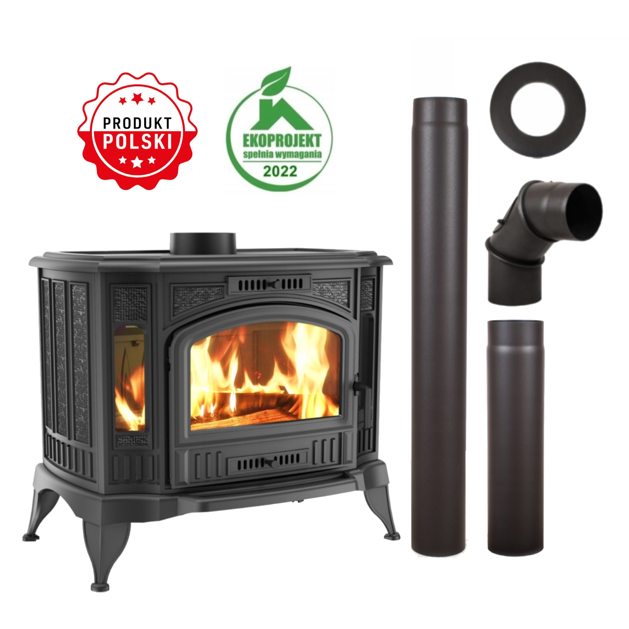 KOMINEK PIEC ŻELIWNY K9 +KOLANKO ROZETA RURA 1M RURA 0,5M FI 150 MM ZESTAW