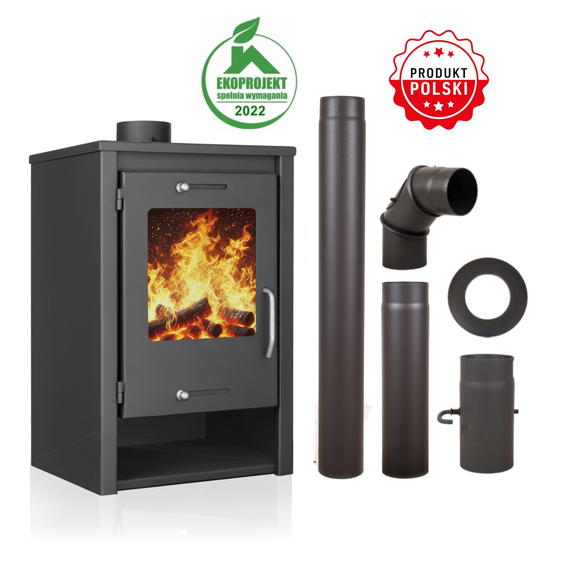 PIEC KOMINEK KOZA STALOWY EKO LEO SZAMOT KOMINKOWY + AKCESORIA KOMINKOWE
