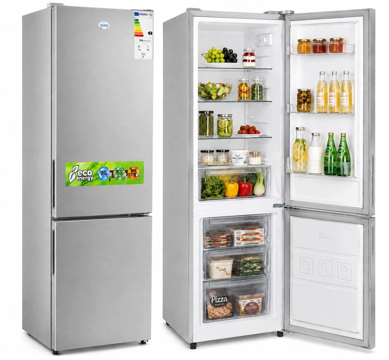 Lodówka Lodówko Zamrażarka Chłodziarka 178cm 263L INOX 41dB Low Frost