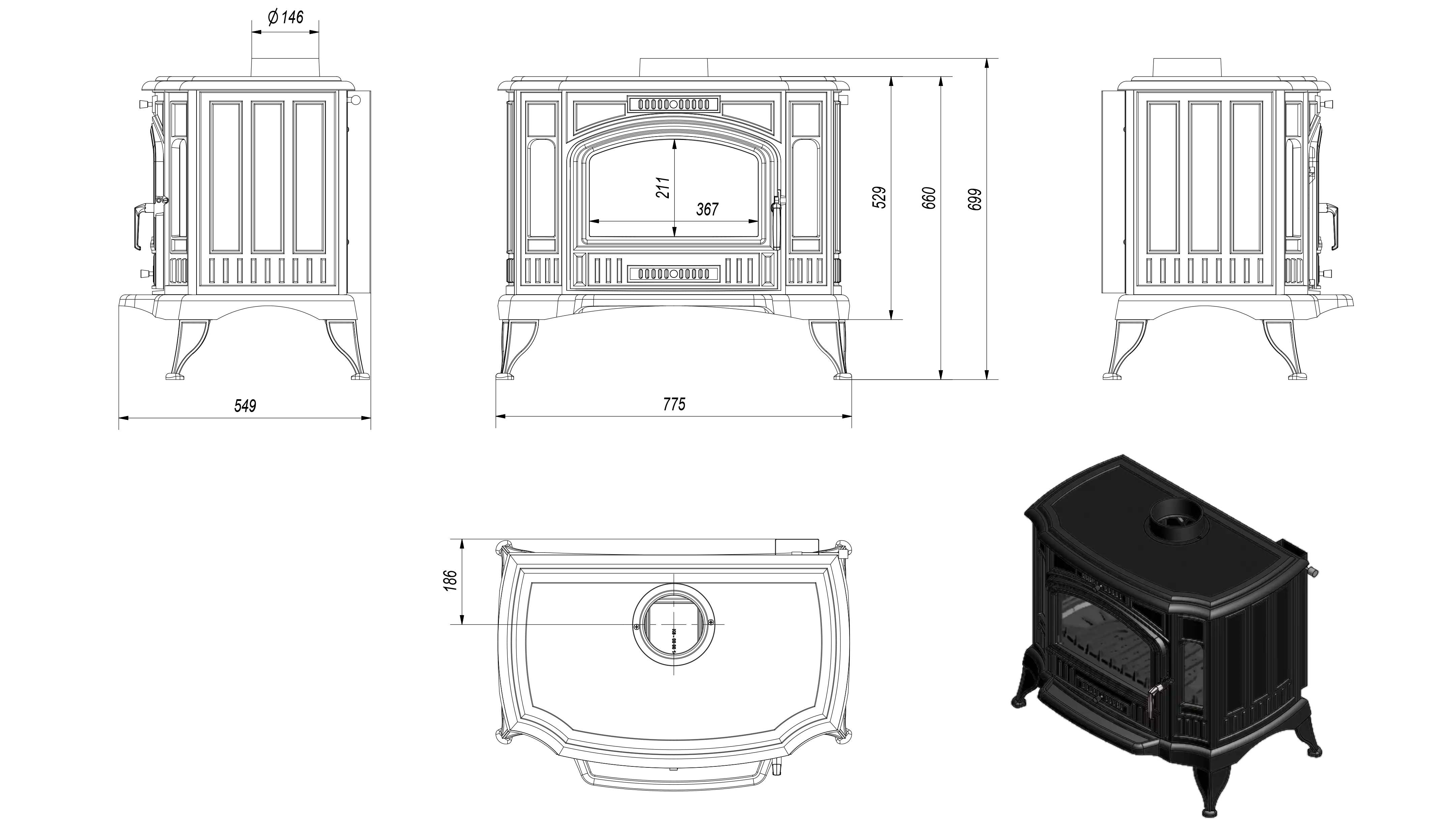 KOMINEK PIEC ŻELIWNY K9 +KOLANKO ROZETA RURA 1M RURA 0,5M FI 150 MM ZESTAW