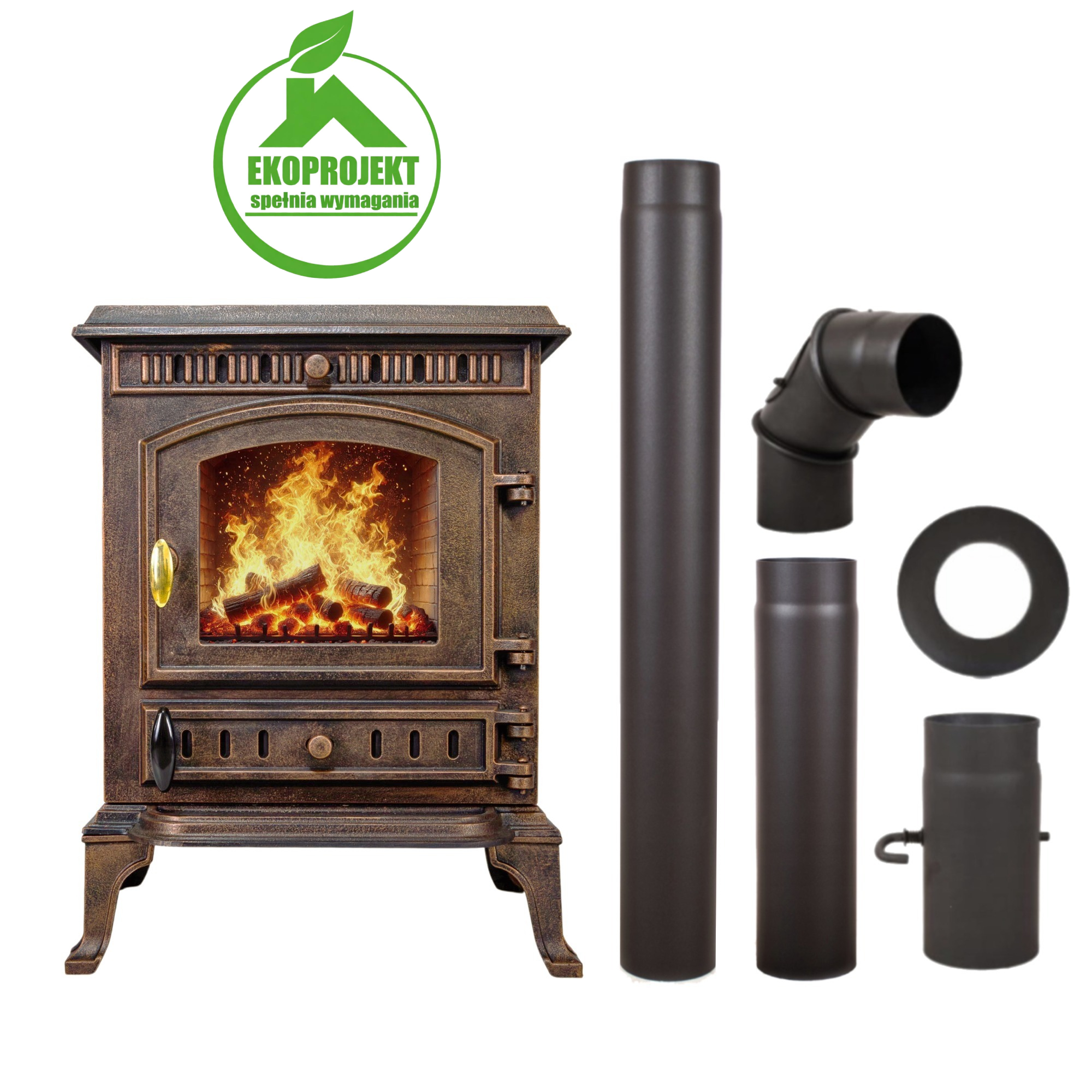 PIEC ŻELIWNY PIECYK KOZA KOMINEK ATENA 9KW + AKCESORIA KOMINKOWE ZESTAW