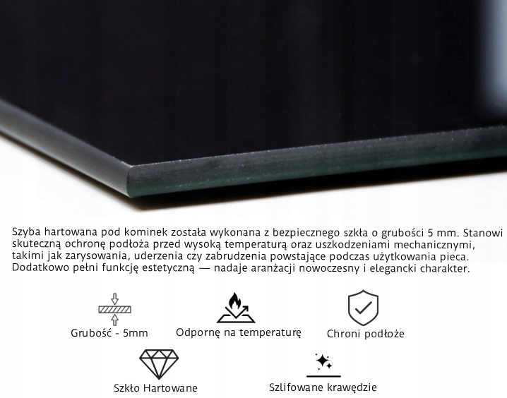 SZYBA OCHRONNA HARTOWANA 100X80 PRZED POD KOMINEK PIEC SZKŁO PÓŁKA PODSTAWA CZARNA