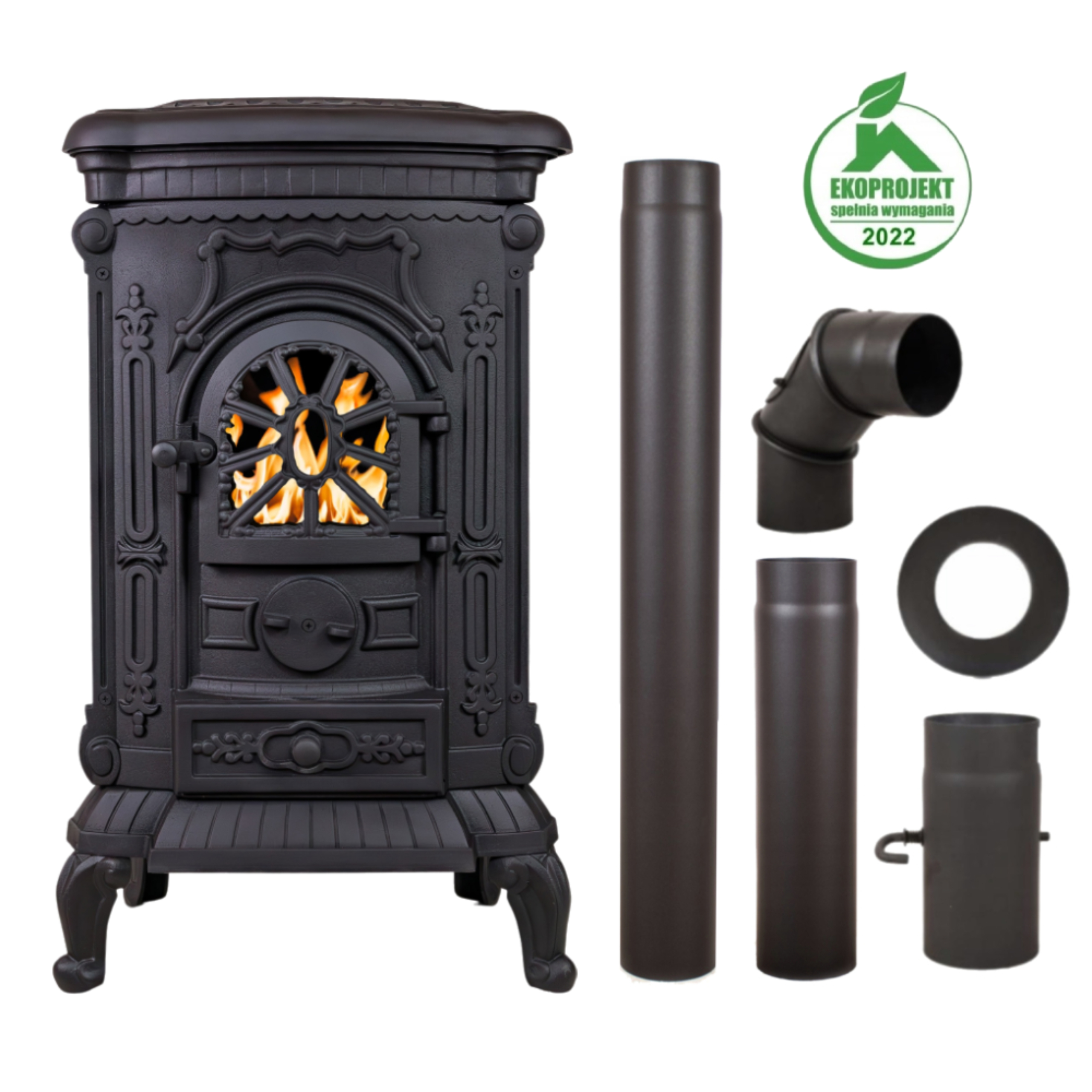 PIEC ŻELIWNY KOZA KOMINEK KOMINKOWY INGRID 6,5KW - 9KW+ZESTAW RUR FI120