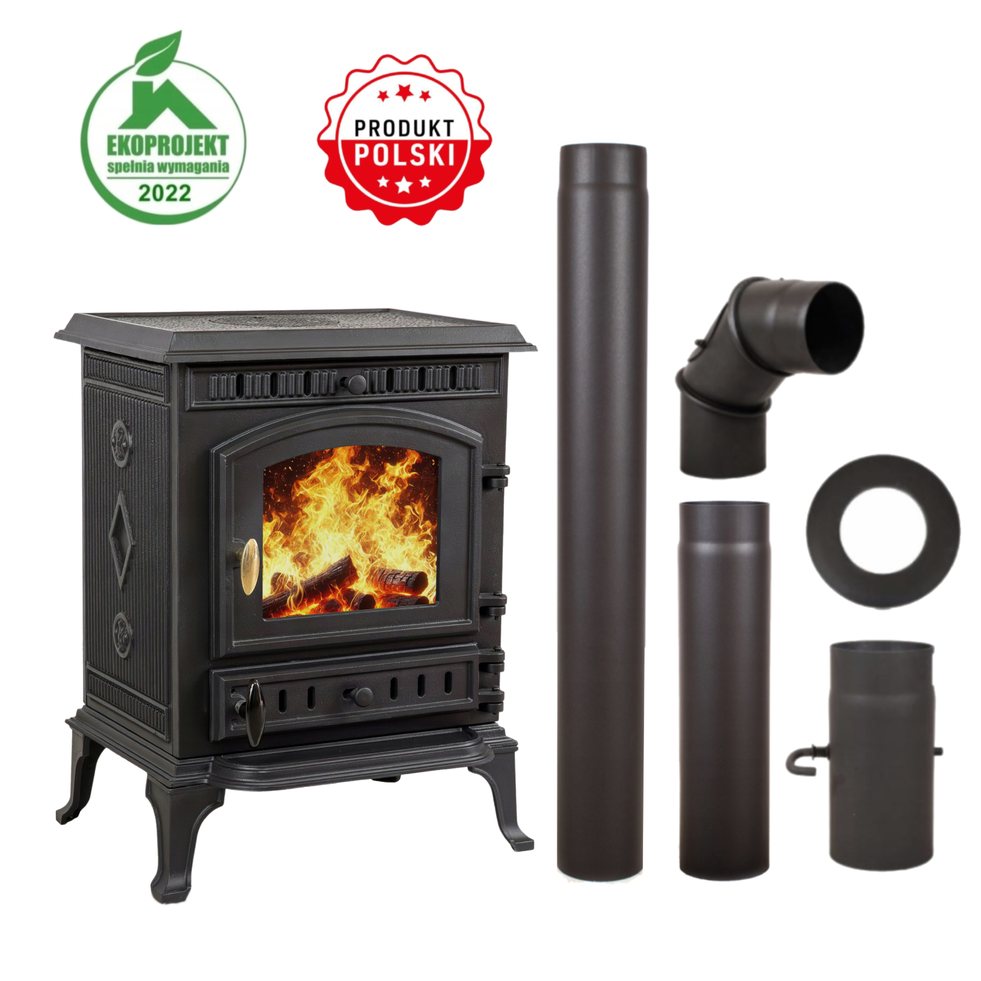 PIEC PIECYK WOLNOSTAJĄCY ŻELIWNY KOZA ATENA CZARNY 9kW +ZESTAW RUR FI 130MM