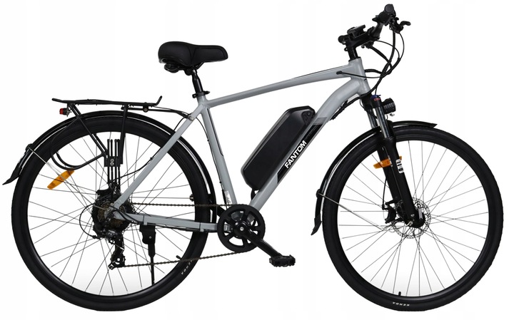 ROWER ELEKTRYCZNY FANTOM SZARY MĘSKI 28 TREKKINGOWY ZE WSPOMAGANIEM 60-70km SHIMANO