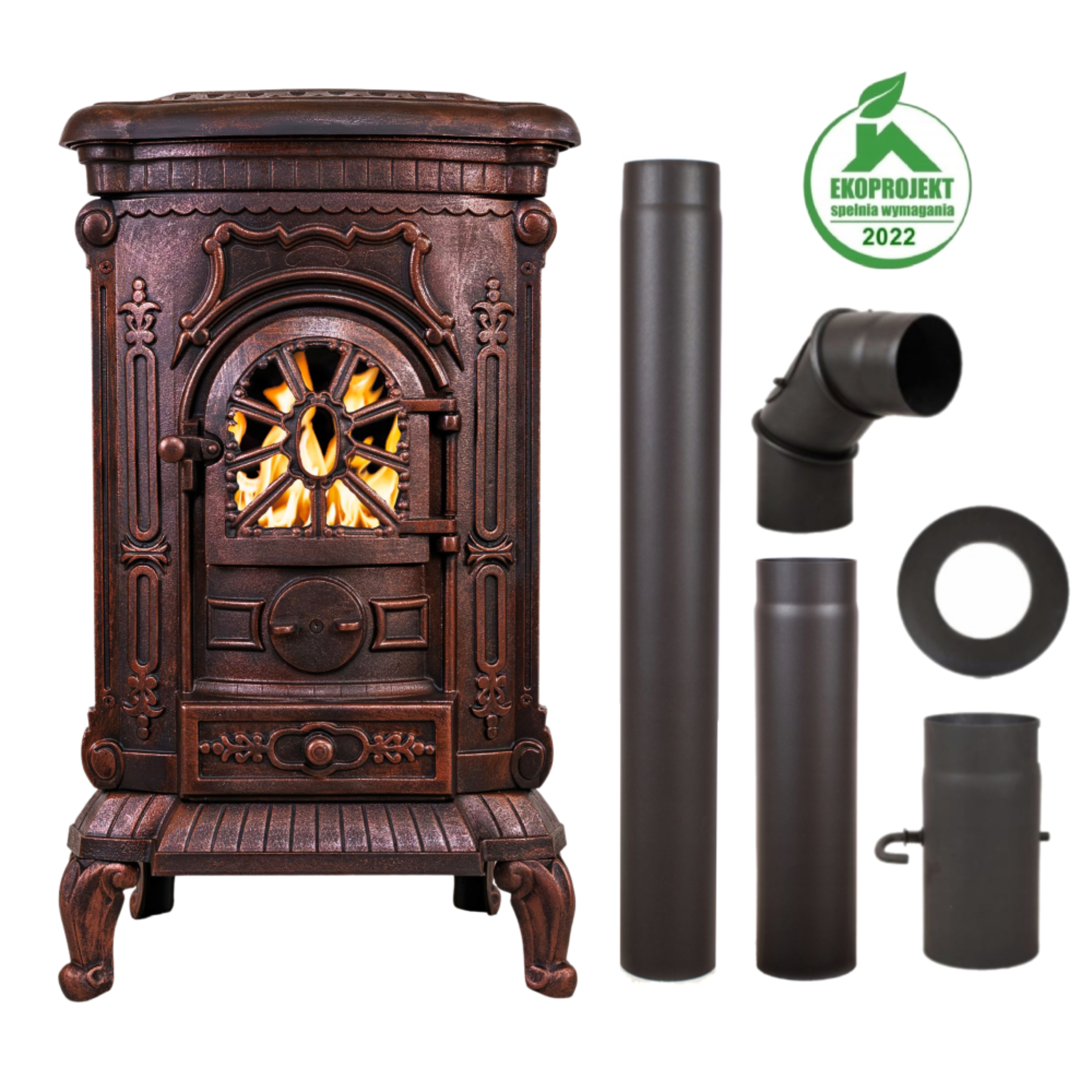 PIEC ŻELIWNY PIECYK KOZA KOMINEK AMBRA 6,5-9KW +ZESTAW PRZYŁĄCZENIOWY FI 120