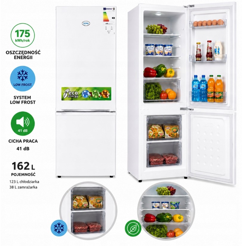 Lodówka Lodówko Zamrażarka Chłodziarka 146cm 162L Biała 41dB Low Frost