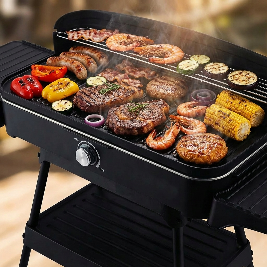 GRILL ELEKTRYCZNY 2W1 STOJĄCY STOŁOWY NA BLAT DUŻA MOC 2200W PŁYTA 50x25cm
