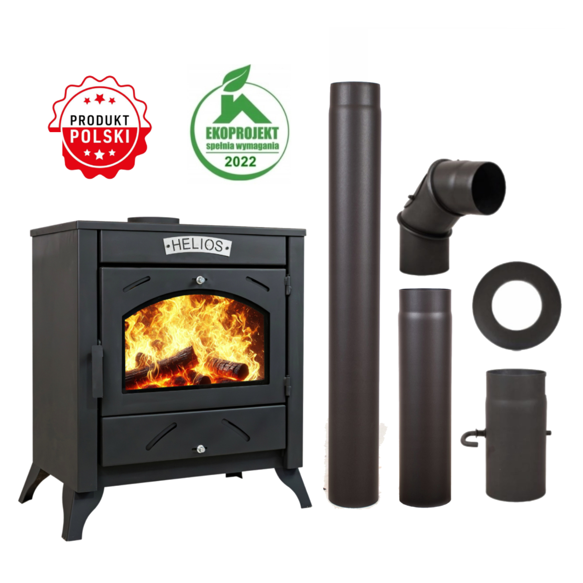 PIEC STALOWY PIECYK KOMINEK HELIOS + AKCESORIA PRZYŁĄCZENIOWE FI 150 ZESTAW