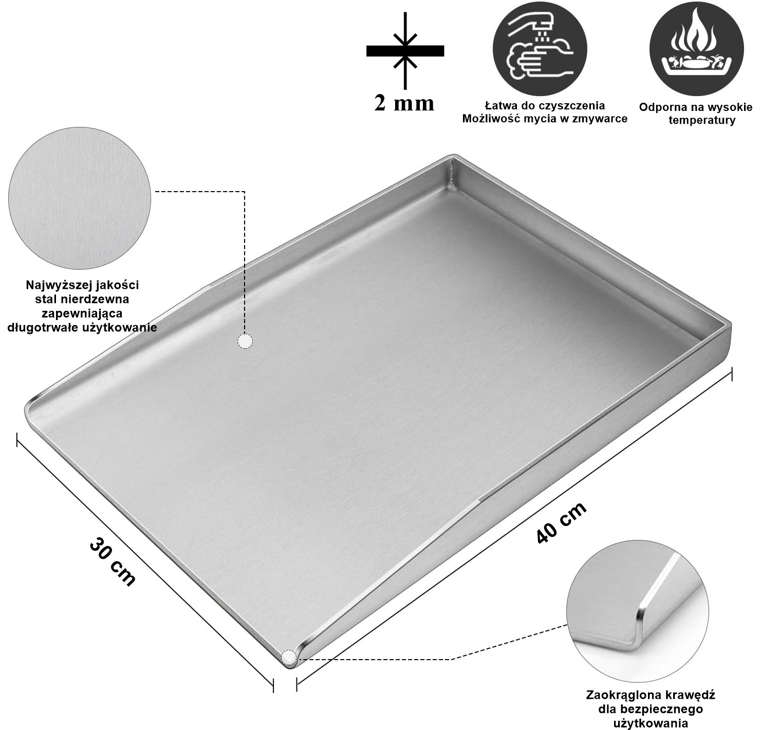 BLACHA PŁYTA TACKA NIERDZEWNA GRILLOWA 40x30 cm OCIEKOWA NA GRILLA INOX GR. 2MM