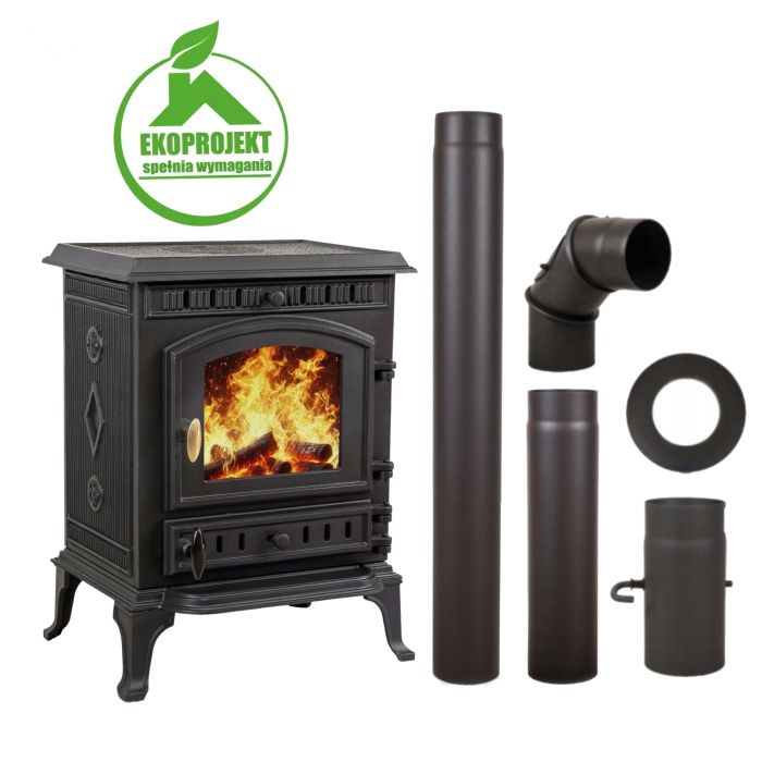PIEC PIECYK WOLNOSTAJĄCY ŻELIWNY KOZA ATENA CZARNY 9kW +ZESTAW RUR FI 130MM