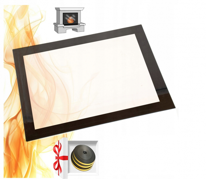 SZYBA SZKŁO ŻAROODPORNE Z DEKOREM 65x52,5 Czarną srebrną ramką do kominka pieca 800 °C
