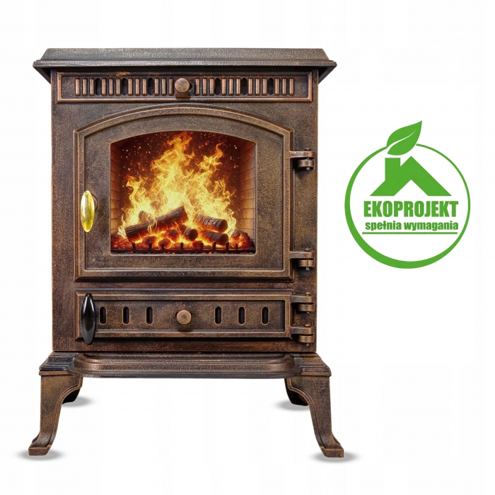 KOMINEK ŻELIWNY PIECYK KOZA ATENA ZŁOTA NOWOCZESNY PIEC DO SALONU 9KW